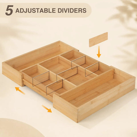 Expandable Bamboo Drawer Organizer Set With 10 Adjustable Compartments And 2 Sliding Extensions, showing dividers and extensions.