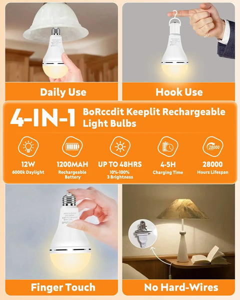 Emergency Rechargeable Light Bulb With Battery Backup For Power Outages, 12W 6500K LED, compact design in use scenarios
