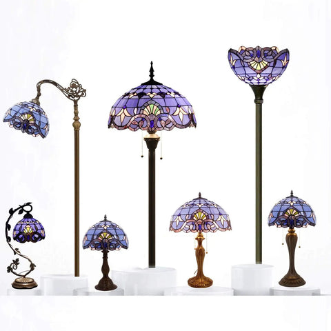 Assorted Tiffany Style Pendant Light Fixtures with Blue Purple Baroque Stained Glass and Antique Bronze Finish