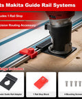 Heavy Duty Guide Rail Adapter Fits Milwaukee Compact Router using Smooth As Butter Track Mounting and Dead On Alignment for precision routing setup.