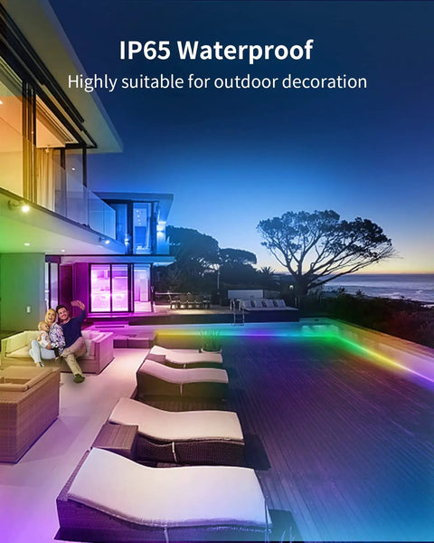 Color Changing 50ft RGB LED Strip Lights With Bluetooth Music Sync on outdoor patio, IP65 waterproof for decor at dusk