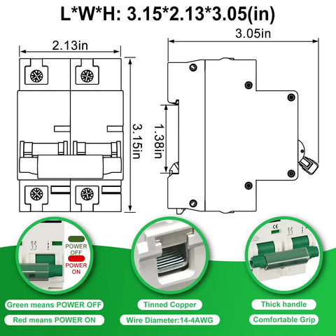 Heavy Duty Solar Disconnect Switch Rated For 125 Amps And 1000V DC with dimensions 3.15*2.13*3.05 inches and tinned copper wiring.