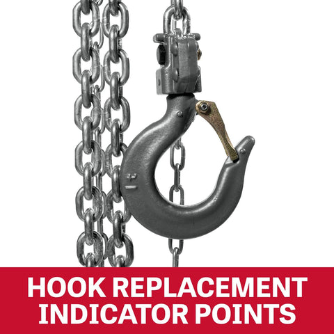 Close-up of hook on 1 Ton Aluminum Hand Chain Hoist With 20 Foot Lift, Weather Resistant Aluminum Housing, Sealed Brake System