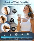 Woman using On The Go Turbo Handheld Fan For Outdoor Adventures With 5000mAh Battery, Powerful Airflow, and digital display