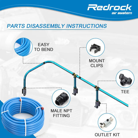 Leak Proof Shop And Garage Ready Air Piping Kit 3/4 Inch By 100 Foot HDPE Aluminum Air Line System components display