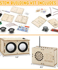 DIY Bluetooth Speaker And FM Radio Kit For Kids Aged 8 To 12 Dope STEM Projects showing parts and dimensions of assembled kits.