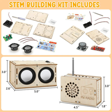 DIY Bluetooth Speaker And FM Radio Kit For Kids Aged 8 To 12 Dope STEM Projects showing parts and dimensions of assembled kits.