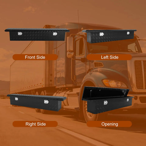 69 Inch Heavy Duty Crossover Aluminum Truck Toolbox With Rust Proof Secure Slam Latch Pickup Bed Storage Chest For Contractors Built To Thrash Real Deal Cargo Organizer, showing front, left, right sides and open view.