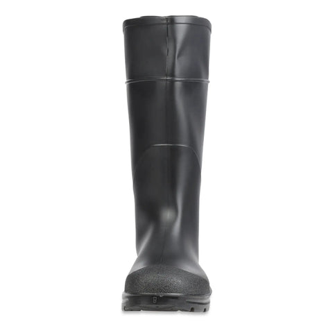 Front view of Mens Heavy Duty 14 Inch Steel Toe Work Boots Black Size 10 seamless waterproof PVC for farm use.