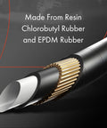 Cross-section close-up of A-Premium A/C discharge line hose assembly; black rubber outer with copper reinforcement strands