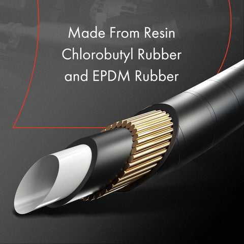 Cross-section close-up of A-Premium A/C discharge line hose assembly; black rubber outer with copper reinforcement strands