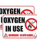 Heavy Duty Oxygen In Use Warning Signs, Straight Up No Smoking Open Flames Alert, Top Tier Waterproof Vinyl Stickers, Built Tough Medical Safety Decals For Home Care Clinics, 2 Pack, showing alert signs with fire and smoking symbols.