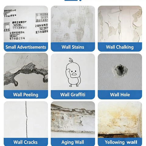 Examples of wall damage types like wall stains, chalking, peeling, graffiti, holes and cracks, targeted by No Mess All In One Drywall Repair Kit