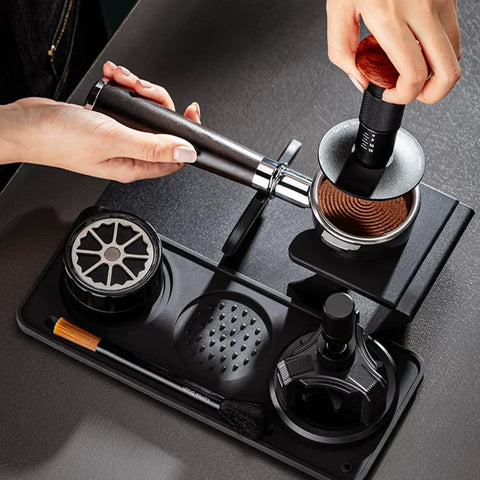 53mm Espresso Tamper Station With Spring Loaded Tamper And WDT Tool For Flawless Pulls in use, showcasing espresso preparation tools.
