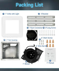 Packing list for Butter Smooth 80 Cfm Bathroom Exhaust Fan With Bright Led Light includes grille, fan housing, blower, and instructions.