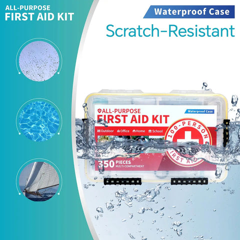 350 Piece All Purpose Emergency First Aid Kit With Waterproof Case submerged in water