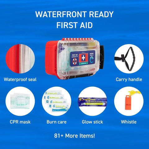 Marine Waterproof First Aid Kit For Boat Kayak And Beach With Floating Hard Case and supplies including CPR mask, glow stick