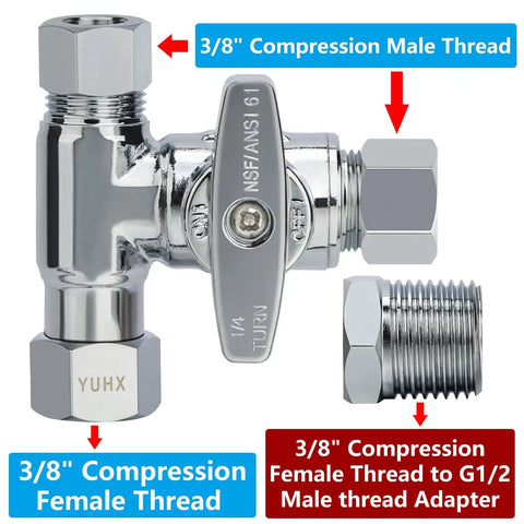 Brass Angle Stop Add A Tee Valve For Bidet Sprayer Systems, Three Eighths Inch Compression Shut Off, stainless diverter details