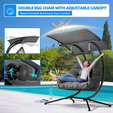 Oversized Double Hanging Swing Chair With Removable Canopy And Cushion, Double Egg Chair With Basket by poolside