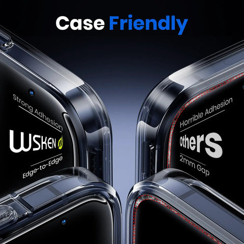 Comparison of Privacy Screen Protector For iPhone 17 Pro Max With Full Coverage Tempered Glass showing case compatibility.