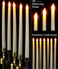 Flameless LED Taper Candles Bulk 48 Pack Battery Operated Realistic Flicker for Wedding Church Graduation Party Home Decor Ivory Classic Style Fits Standard Holders Requires Two AAA Batteries Not Included displayed with flickering flame effect in candle holders