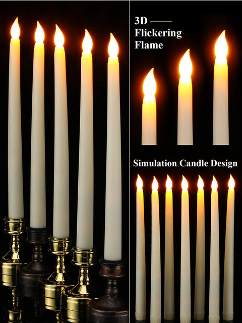 Flameless LED Taper Candles Bulk 48 Pack Battery Operated Realistic Flicker for Wedding Church Graduation Party Home Decor Ivory Classic Style Fits Standard Holders Requires Two AAA Batteries Not Included displayed with flickering flame effect in candle holders