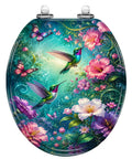 Round Vibrant Hummingbirds Butterflies Chinoiserie Colorful Toilet Seat with floral design, durable resin, and soft-close feature.