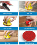 32-Piece 3-Inch Hook And Loop Sanding Sponge Discs Kit demonstrating flexibility, wet and dry use, and curved surface sanding