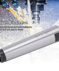 Angled side view of MT2 to MT1 Morse taper adapter, silver metal lathe drill chuck arbor