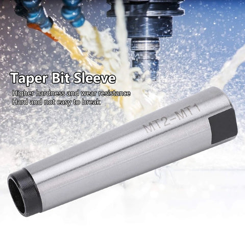 Angled side view of MT2 to MT1 Morse taper adapter, silver metal lathe drill chuck arbor