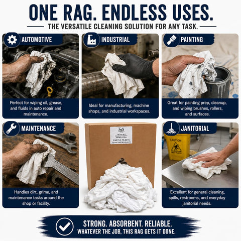 Infographic showing White T Shirt Rags 10 lb bulk box uses in automotive, industrial, painting, maintenance, and janitorial sectors.