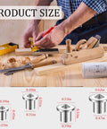 48 Piece Metal Dowel Center Pins Set For Pro Grade Woodworking With Four Sizes displayed on a woodworking table with tools.