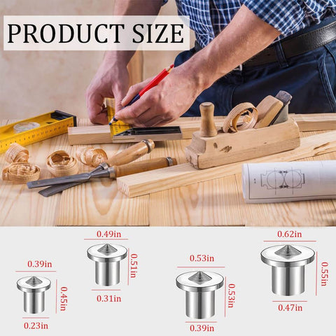 48 Piece Metal Dowel Center Pins Set For Pro Grade Woodworking With Four Sizes displayed on a woodworking table with tools.