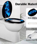Novelty Elongated Resin Toilet Seat for Bathroom with blue design, resin material, and stainless steel hinges.