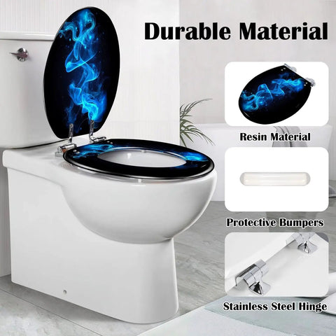 Novelty Elongated Resin Toilet Seat for Bathroom with blue design, resin material, and stainless steel hinges.