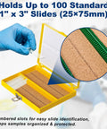 100 Slide Capacity Microscope Slide Storage Box With Cork Lining 30 Pack Plastic Slide Boxes For Lab Organization 8.27 By 6.42 Inches Keeps Slides Separated And Protected Perfect For Your Next Lab Kit. Yellow cork-lined plastic microscope slide box open with numbered slots, 210 x 163 mm.
