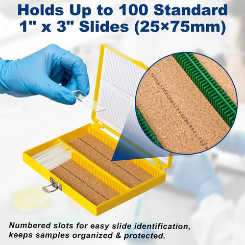 100 Slide Capacity Microscope Slide Storage Box With Cork Lining 30 Pack Plastic Slide Boxes For Lab Organization 8.27 By 6.42 Inches Keeps Slides Separated And Protected Perfect For Your Next Lab Kit. Yellow cork-lined plastic microscope slide box open with numbered slots, 210 x 163 mm.