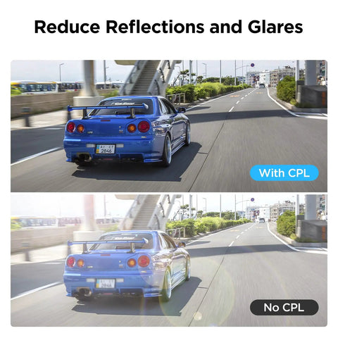 Comparison of road footage with and without CPL Filter for Dash Cam Front Camera A229 Series and A329S, reducing glare.