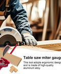 Rigid Aluminum Miter Gauge For Table Saws With Telescoping Fence used for precise cuts on wood, featuring ergonomic grip and aluminum alloy.