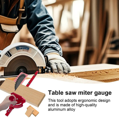 Rigid Aluminum Miter Gauge For Table Saws With Telescoping Fence used for precise cuts on wood, featuring ergonomic grip and aluminum alloy.