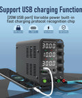 Variable DC Power Supply 0 To 32V 0 To 10A Switching Bench Power Supply With 20W USB C Quick Charge shown with LED display and USB ports