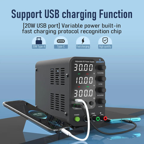 Variable DC Power Supply 0 To 32V 0 To 10A Switching Bench Power Supply With 20W USB C Quick Charge shown with LED display and USB ports