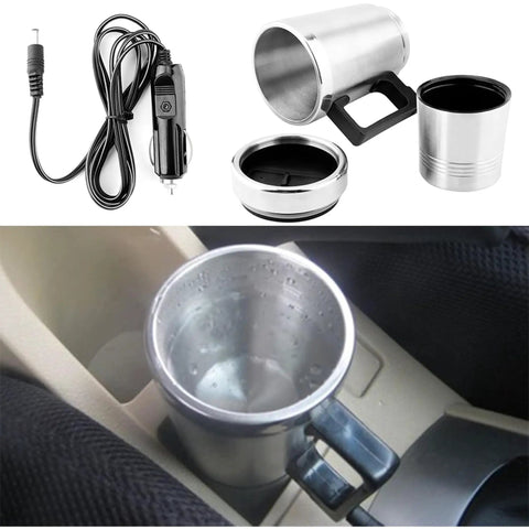 12V Car Electric Kettle Rock Solid Fast Heating Fits Standard Cup Holders Food Grade Stainless Steel in car cup holder.