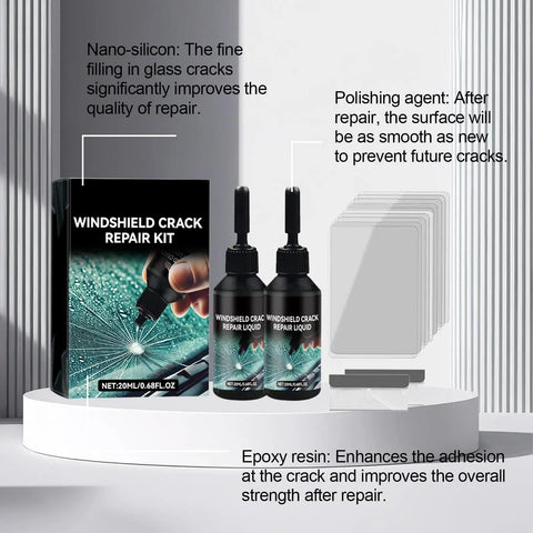 Windshield Pro Chip Repair Kit With Nano Glass Resin For Chips And Cracks Upgraded 2026 All Crack Types Fix Rock Damage Mirrors Glasses Auto Glass 2 Pack Now displayed with repair liquid bottles and box.