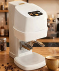 Automatic Electric Coffee Tamper For Espresso Featuring Adjustable Height And Precision Pressure Control Pro Level Barista Tool in sleek white design on counter.