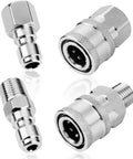 Two sets of 1/4-inch NPT stainless steel pressure washer quick-connect fittings (male plugs and female couplers)