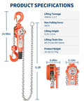 Diagram of Beefy 1-1/2 Ton Manual Lever Chain Hoist With 10 Ft G80 Galvanized Chain, 3300 Lb Capacity, highlighting measurements