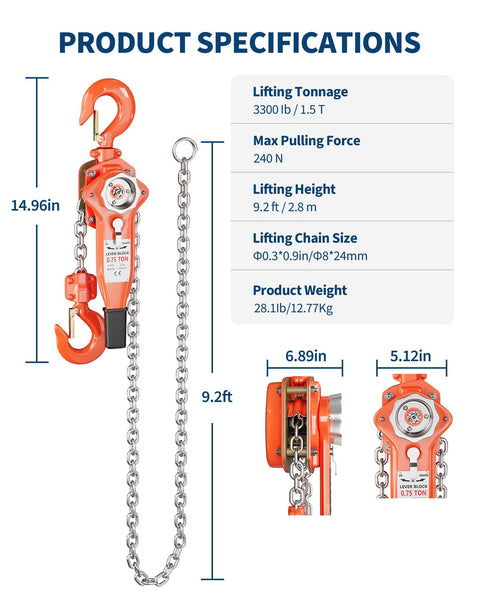 Diagram of Beefy 1-1/2 Ton Manual Lever Chain Hoist With 10 Ft G80 Galvanized Chain, 3300 Lb Capacity, highlighting measurements