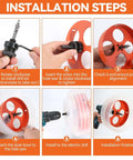 Six-step installation guide for an orange hole saw with dust bowl catcher for recessed LED lighting.