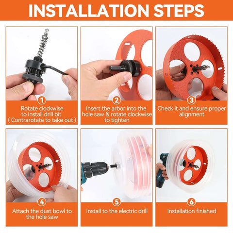 Six-step installation guide for an orange hole saw with dust bowl catcher for recessed LED lighting.